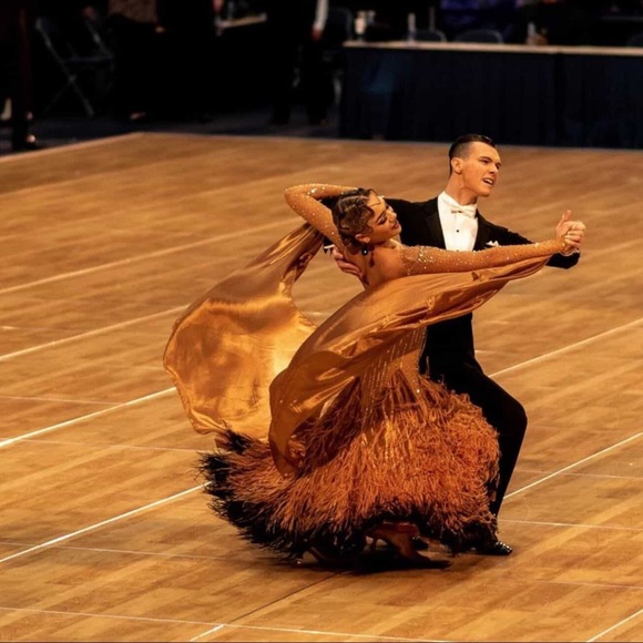 Dresses & Skirts - Luxury Golden Ballroom Feathered Dance Gown